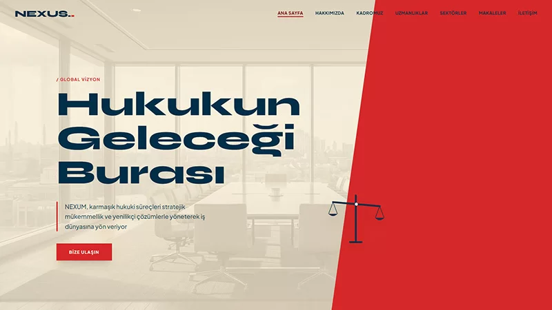 Enerjik, canlı renk paleti ve dinamik düzeni olan genç avukat ve hukuk bürosu web sitesi tasarımı.