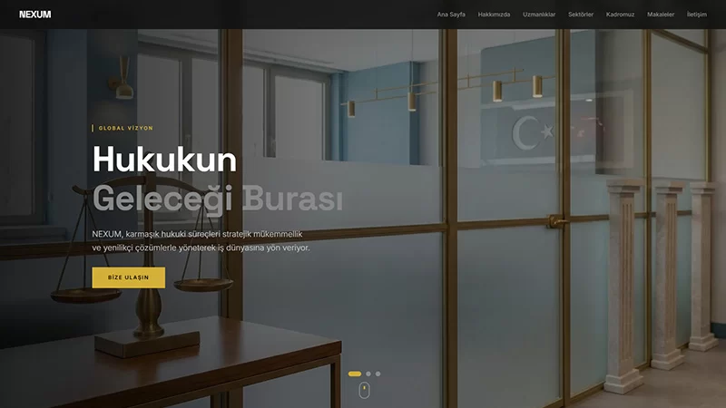 Blok tasarım düzenine sahip, koyu (dark) temalı, tek sayfa avukat web sitesi önizlemesi.