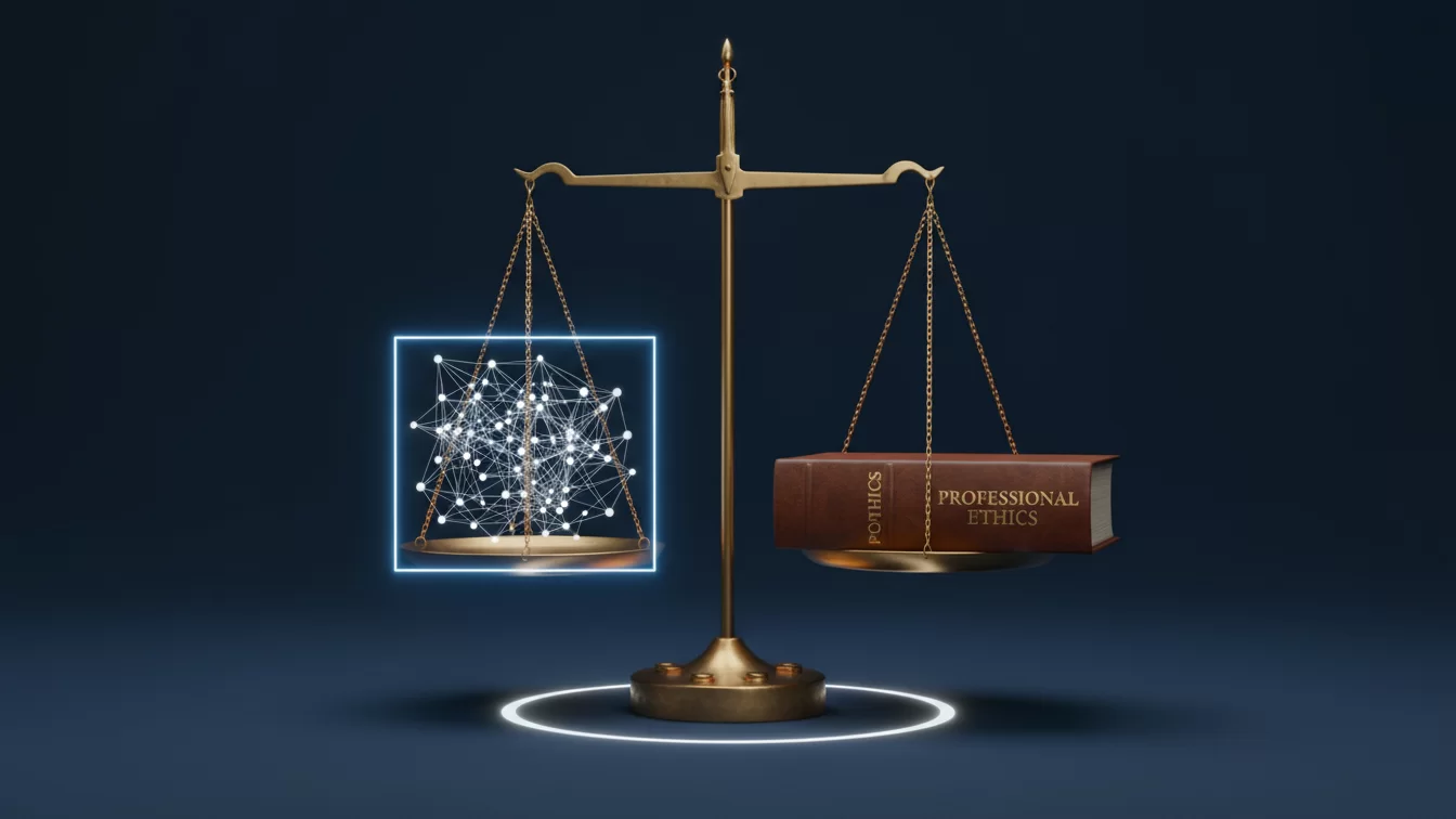 Avukatların web sitesi ve sosyal medyada uyması gereken TBB Reklam Yasağı Yönetmeliği'nin gerektirdiği mesleki etik ve dijital dengeyi simgeleyen, kurumsal renklerdeki konsept görsel.
