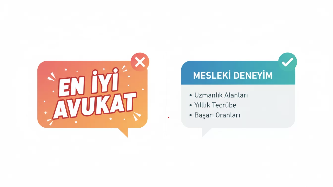 Avukat web sitesi içeriğinde yasaklanan (reklam) ve izin verilen (objektif bilgi) dil arasındaki far Blog içeriğinde, TBB Yönetmeliği'ne aykırı olan abartılı ifadelerden kaçınmanın ve sadece nesnel, doğru bilgi aktarımına odaklanmanın gerekliliğini görselleştiren eğitici grafik.