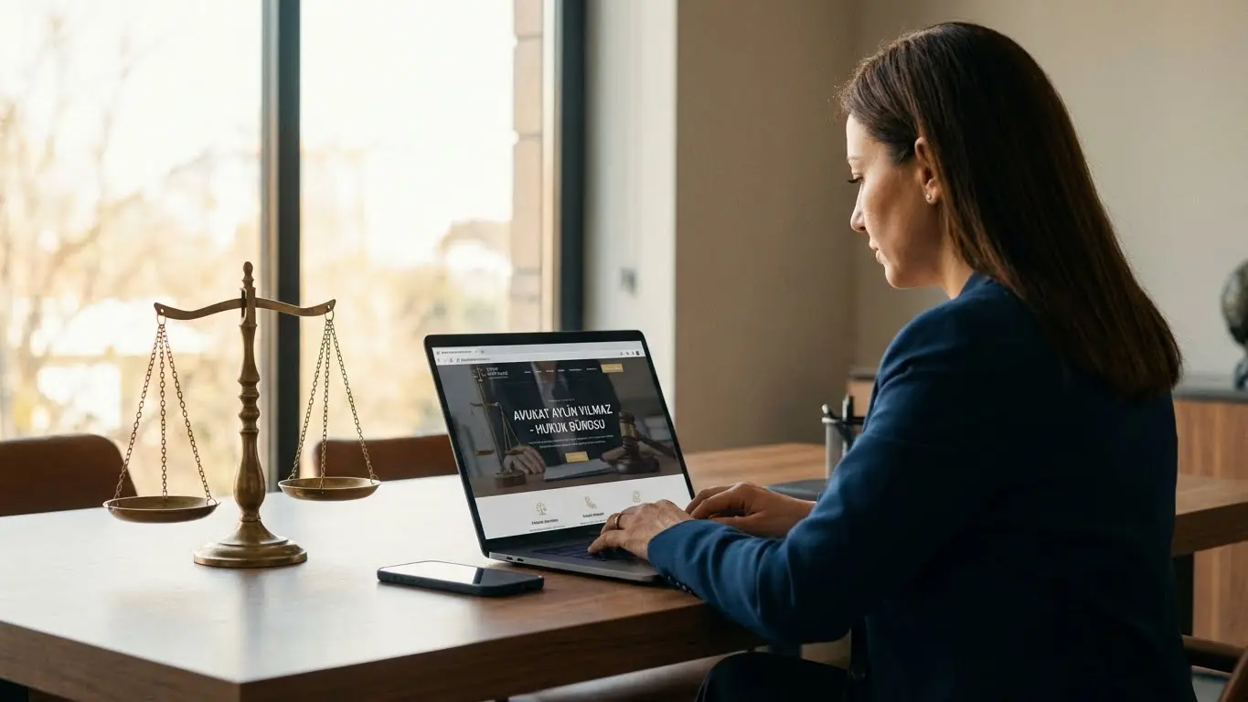 Avukat web sitesi tasarımı - Modern hukuk bürosu ofisinde laptop üzerinde web sitesi inceleyen avukat