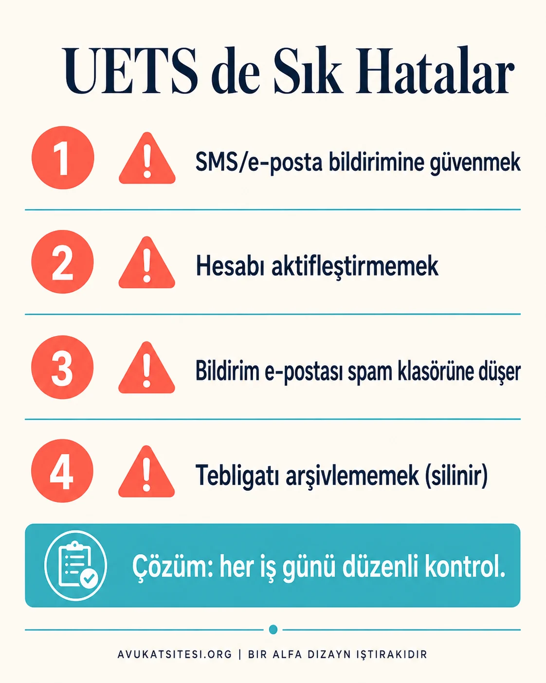 UETS kullanımında sık yapılan hataların ve tebligatı kaçırma riskine karşı önlemlerin numaralı listesi